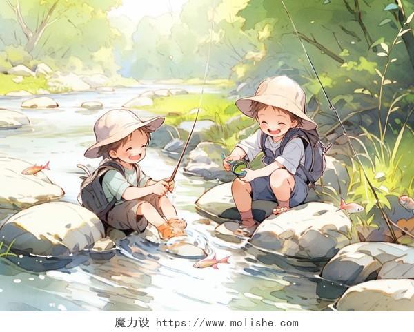 夏日可爱卡通儿童户外野外自然小孩在河边钓鱼插画儿童教育儿童插画幼儿园招生教育